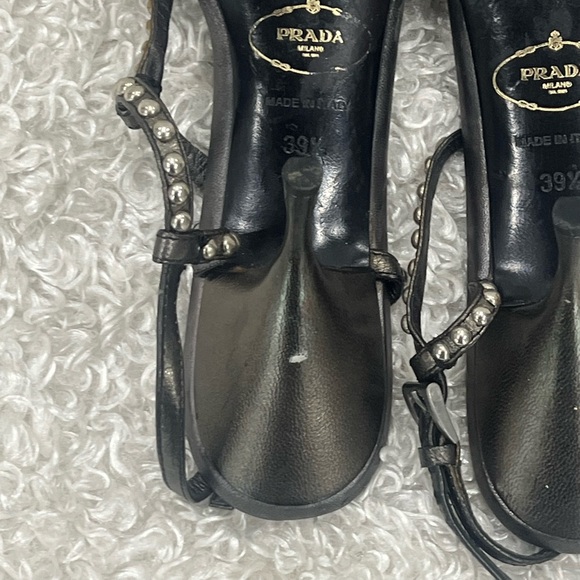 Prada Grey Metallic Studded Leather T Strap Sandals Size 39.5 - Picture 9 of 12